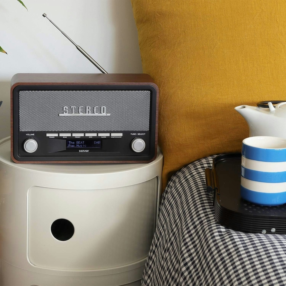 image 1 of Vintage Style Stereo DAB/DAB+ & FM Radio – Grey Wood Cabinet, Bluetooth, Clock Radio Alarm, AUX IN for Smart Phone/Tablet / MP3 Player – Mains or Battery