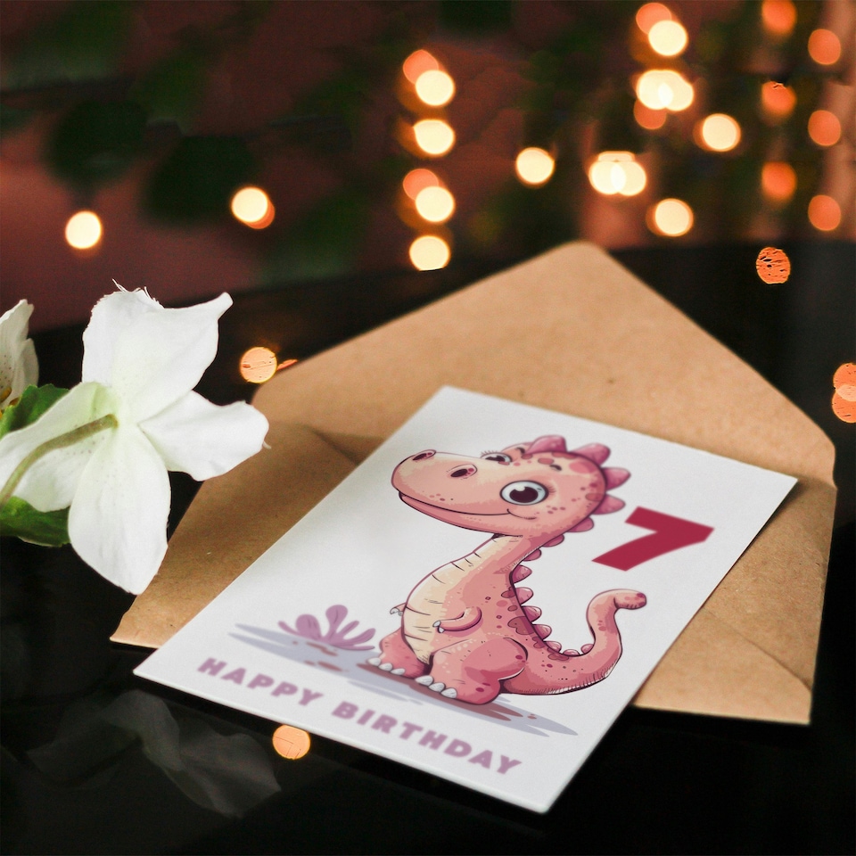 image 1 of Cute Pink Dinosaur Cartoon Age 7 Year Old Child Kids 7th Birthday Card