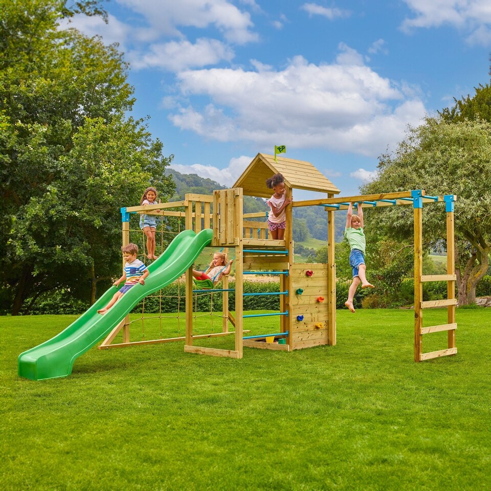 image 1 of TP Skywood Wooden Tower Climbing Frame with Super Wavy Slide, Sky Deck, Monkey Bars & Skyline with Rapide Swing Seat - FSC® certified
