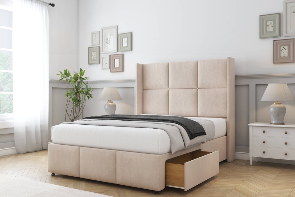 image 1 of Sloomy Beaumont Sand Naples Divan Bed With Mattress No Drawers With 54" Wingback Headboard & 12" Matching Footboard 4' Small Double | Cream | Sand | Small Double | 1