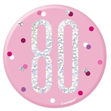 Pink Glitz Age 80 Holographic Birthday Badge 7cm