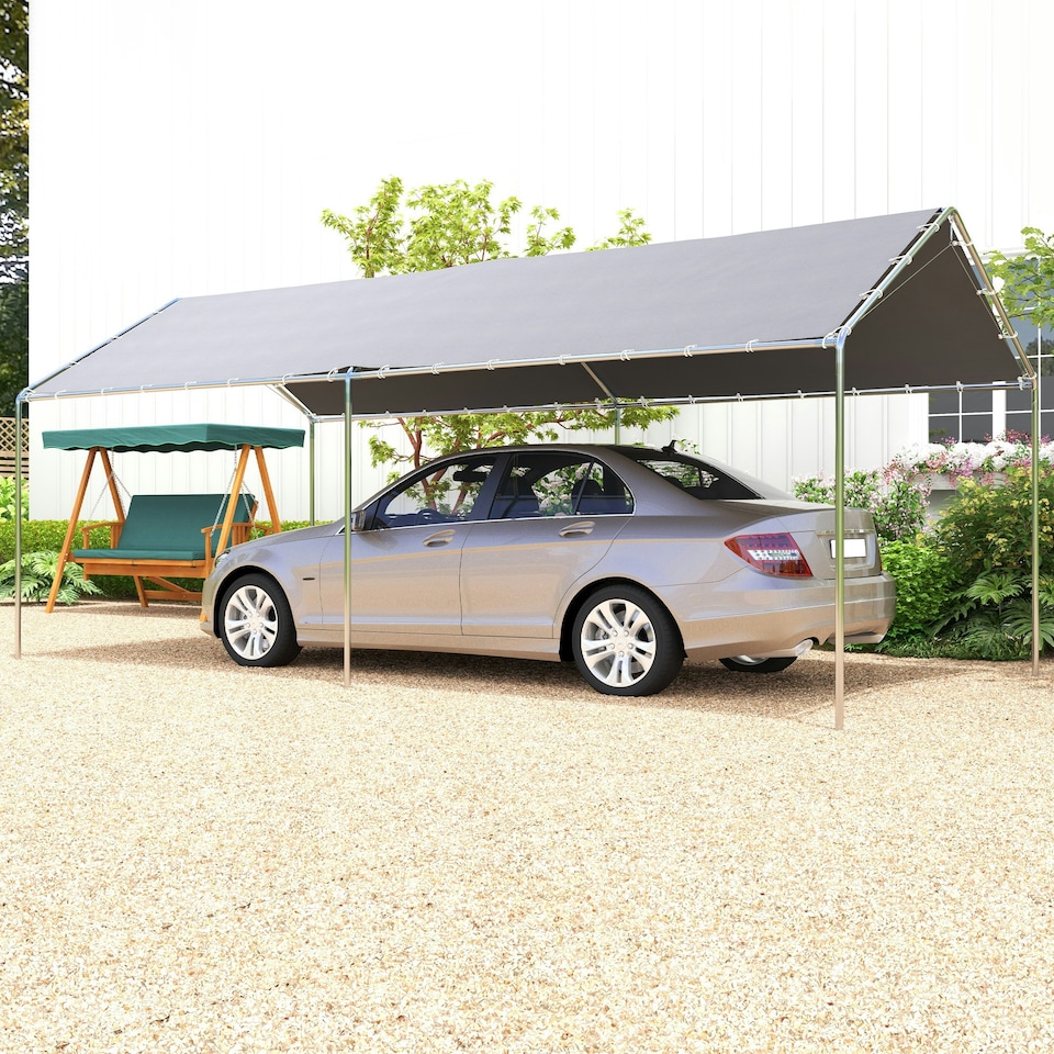 image 1 of Outsunny 2-Rooms Outdoor Carport Galvanized Steel Frame UV Resist
