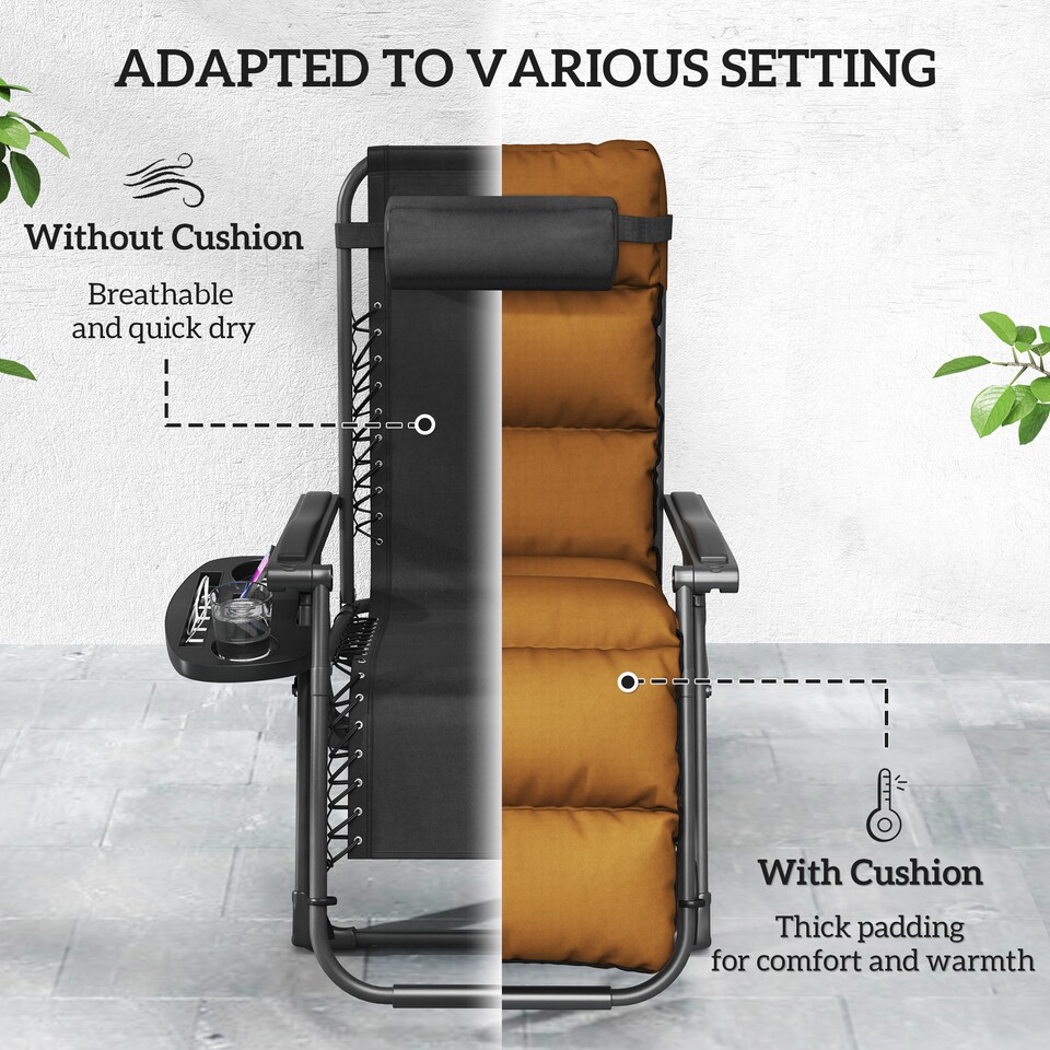 image 1 of Outsunny Zero Gravity Chairs Set of 2, Folding Reclining Garden Chair, Outdoor Sun Lounger with Cushion, Garden Recliner Chairs with Headrest and Cup Phone Holder Tray for Beach, Brown | Brown | Brown