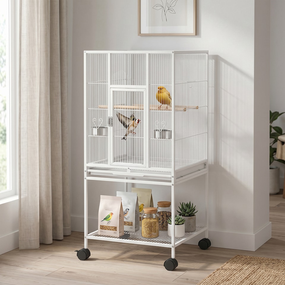 image 1 of PawHut Bird Cage Detachable with Rolling Stand White