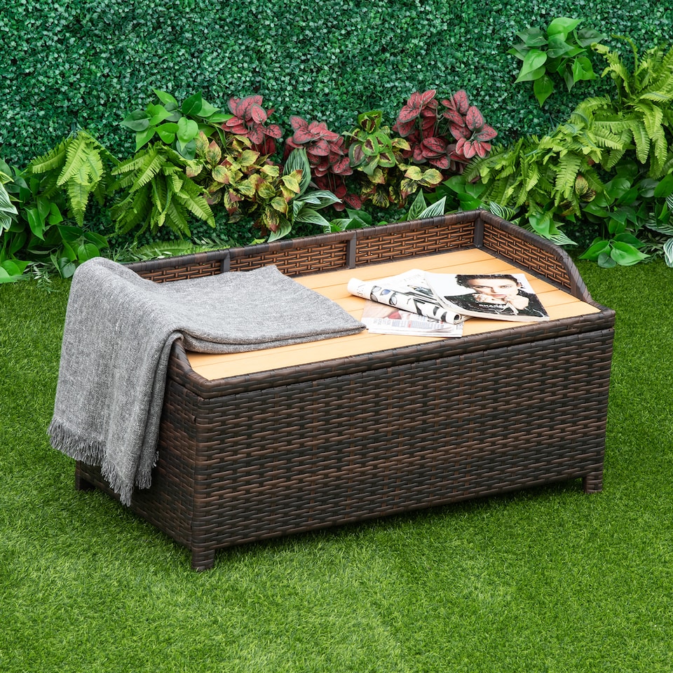 image 1 of Outsunny PE Rattan Outdoor Storage Bench, Aluminium Garden Bench with Storage Underneath with Zipped Inner Lining, Rods for Deck, Mixed Brown
