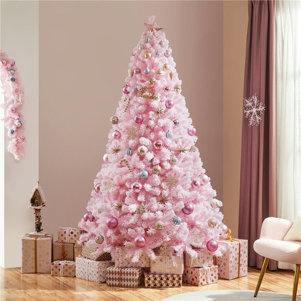 image 1 of Yaheetech  228 cm Tall Flocked Artificial Christmas Tree with Foldable Stand Pink