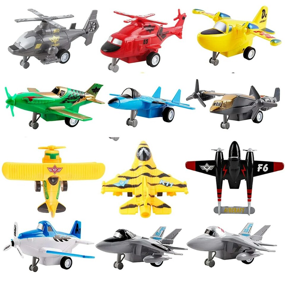 image 1 of 12-Piece Pull-Back Aircraft Toy Set – Jets, Helicopters & Bombers for Kids