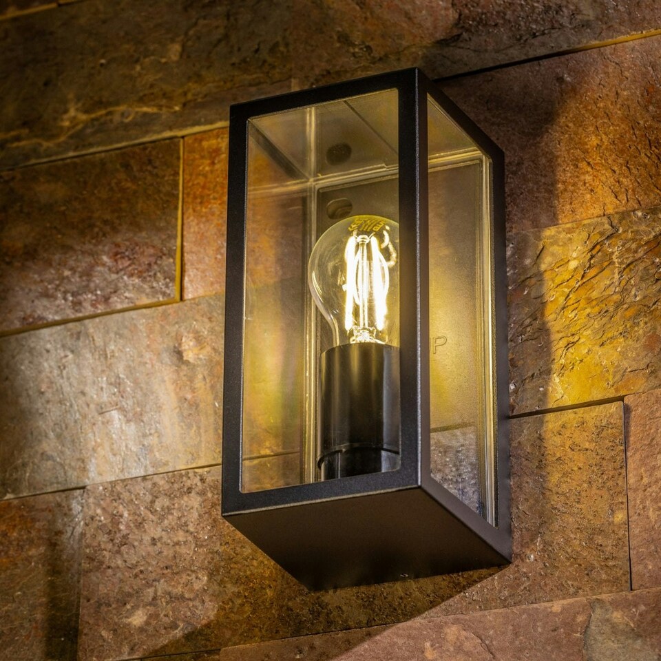 image 1 of CGC MARINA Black E27 Outdoor Wall Light Box Lantern Clear Diffuser IP44 Black