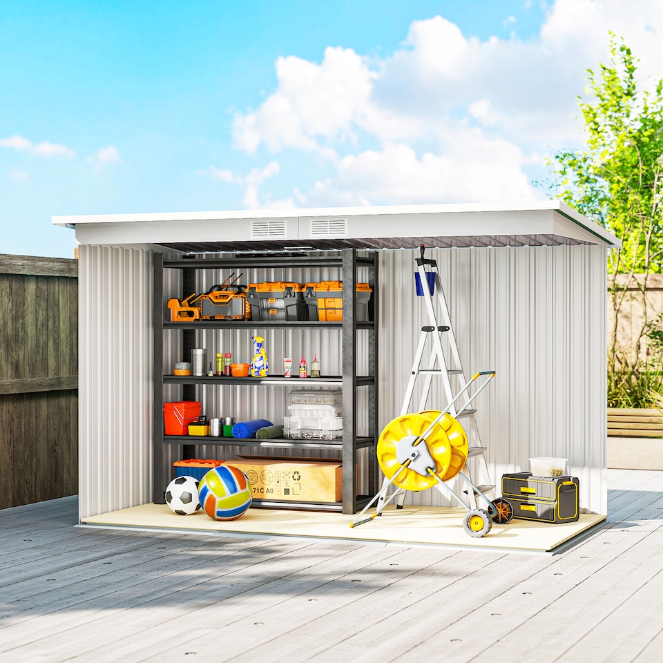 image 1 of Outsunny 9ft x 4ft Metal Garden Shed, Outdoor Tool House with Foundation Kit, Ventilations and Double Doors, Light Grey