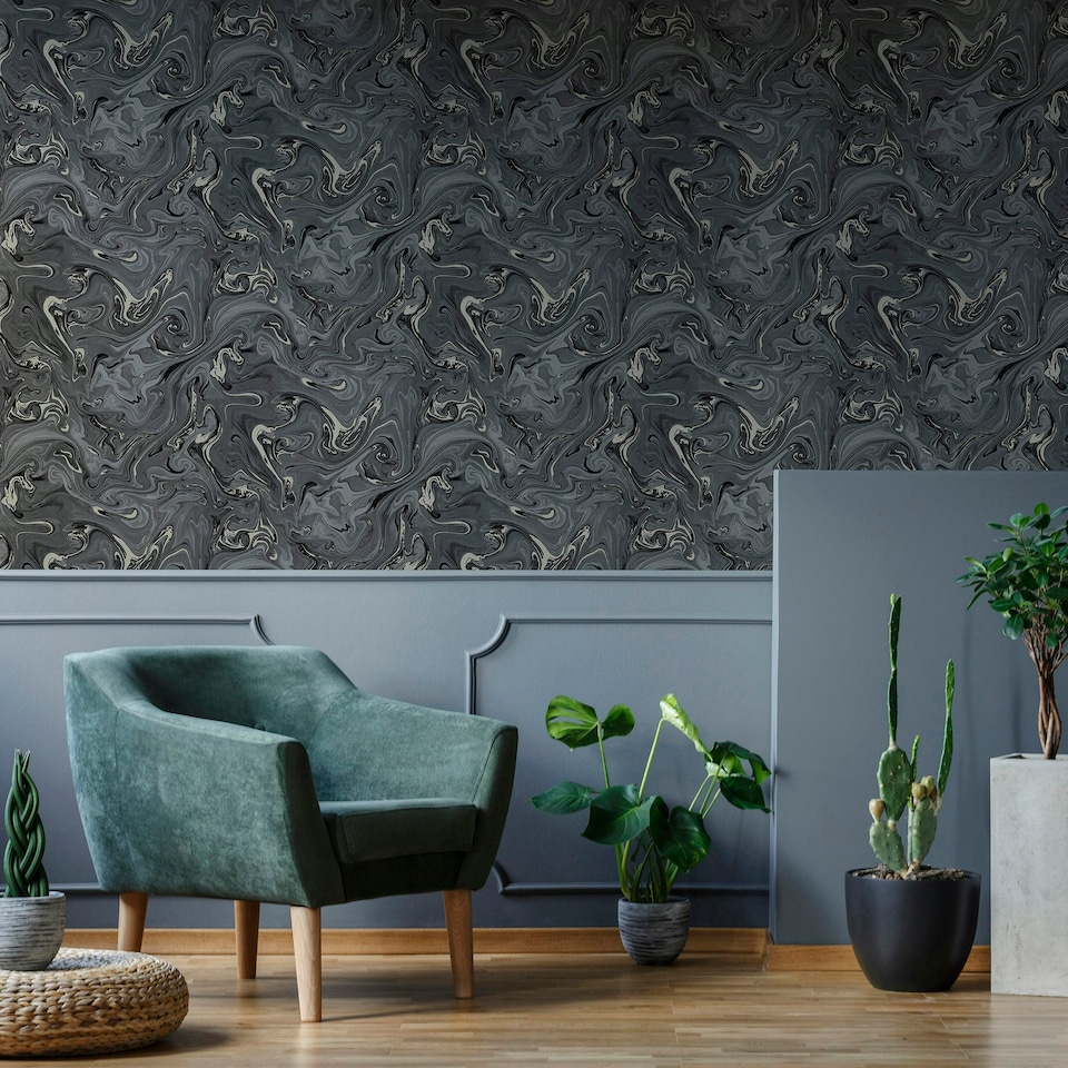 image 1 of Fresco Liquid Black & Copper Wallpaper | Black | Copper | 10m Length x 52cm Width