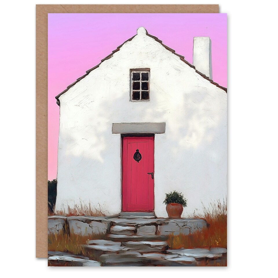 image 1 of Scottish White Bothy Cottage With Red Front Door Birthday Greeting Card