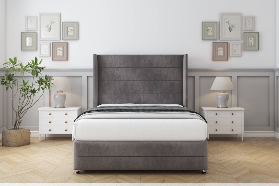 image 1 of Sloomy Sterling Slate Naples Divan Bed Base No Drawers With 54 Inch Wingback Headboard & 12 Inch Matching Footboard | Grey | Slate | Small Double | 1