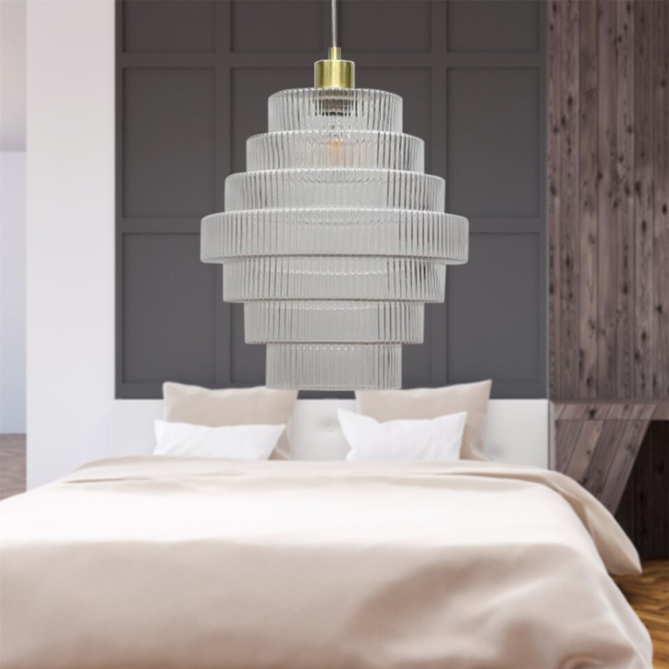 image 1 of Set of 2 Benson - Tiered Large Glass Satin Brass Ceiling Pendant Light