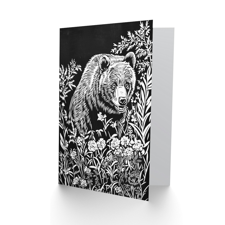 image 1 of Bear in Wildflower Meadow Black White Floral Birthday Greeting Card