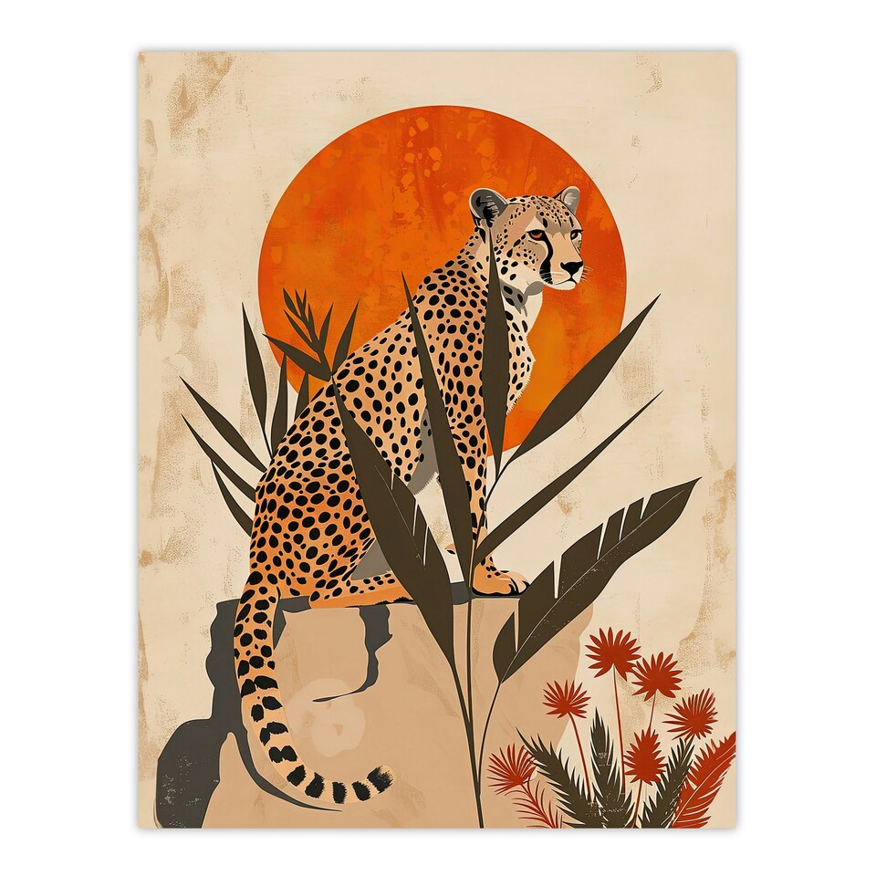 image 1 of Cheetah atop a Rock Boho Sunset Sun Jungle Black Framed Wall Art Print A4