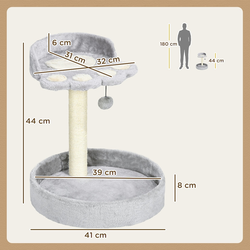 image 1 of PawHut 44cm Cat Tree Tower with Scratch Post, Platforms, Ball, Light Grey