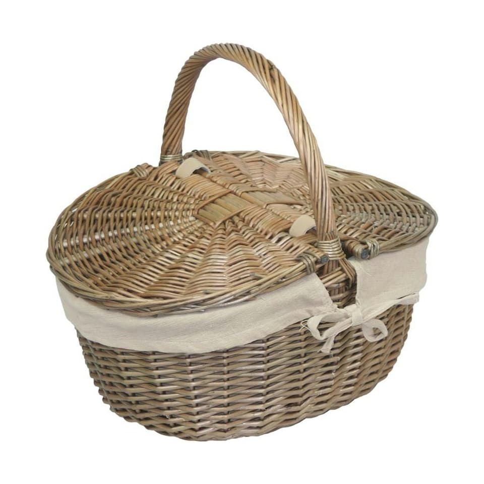 image 1 of Antique Wash Finish Oval Lined Picnic Basket Blue | Navy Blue | One Size