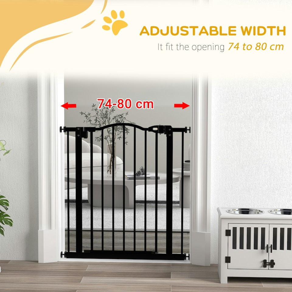 image 1 of PawHut 74-80cm Adjustable Metal Pet Gate Safety Barrier w/ Auto-Close Black