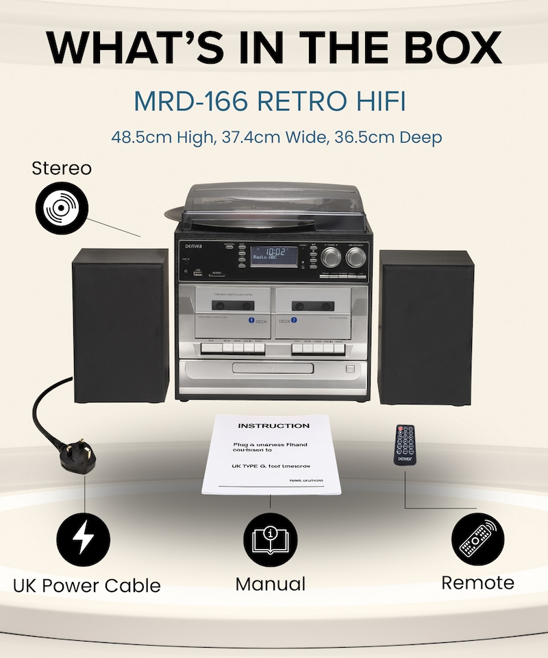 image 1 of Denver DAB/DAB+ Record Player Turntable, Cassette Player, CD Player HiFi with USB Recording & Memory Card Reader - MRD-166
