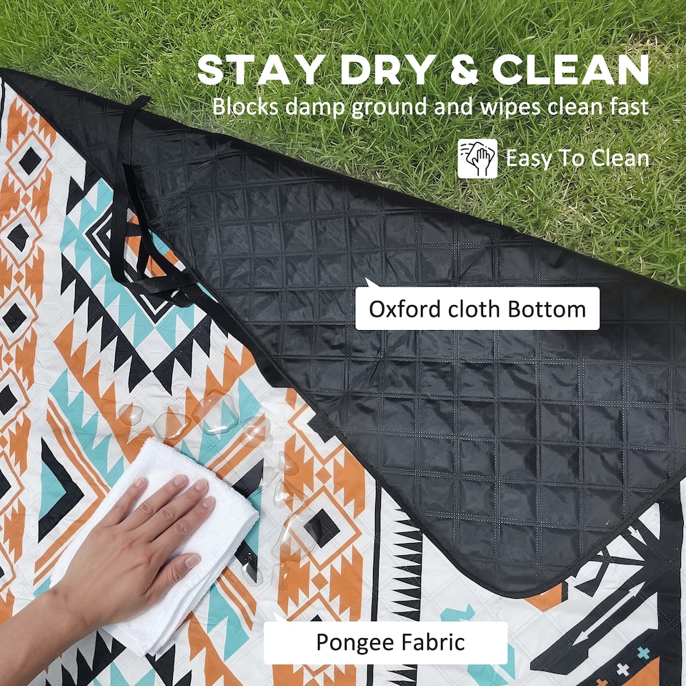 image 1 of Outsunny Picnic Blanket, 200x200CM Beach Blanket Outdoor Picnic Mat | Multi | Multi-coloured tribal geometric | 200 x 200 x 1 cm