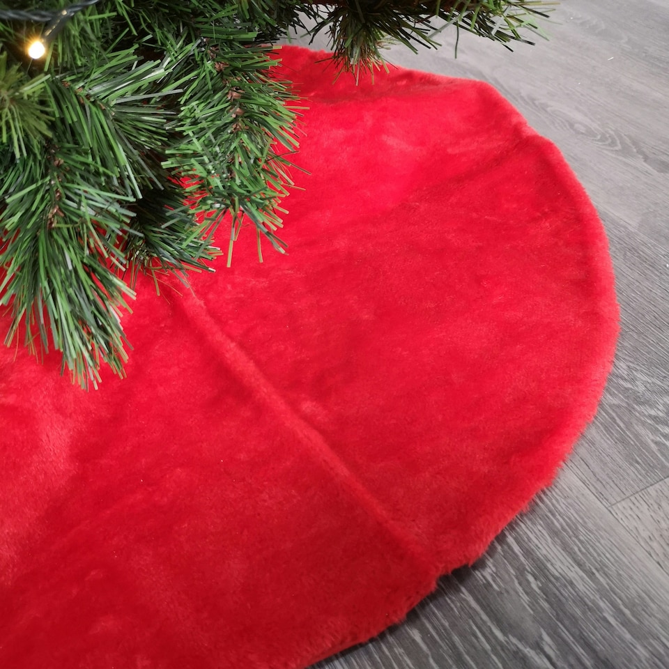 image 1 of 90cm Red Fluffy Plush Christmas Tree Skirt with Ribbon Ties