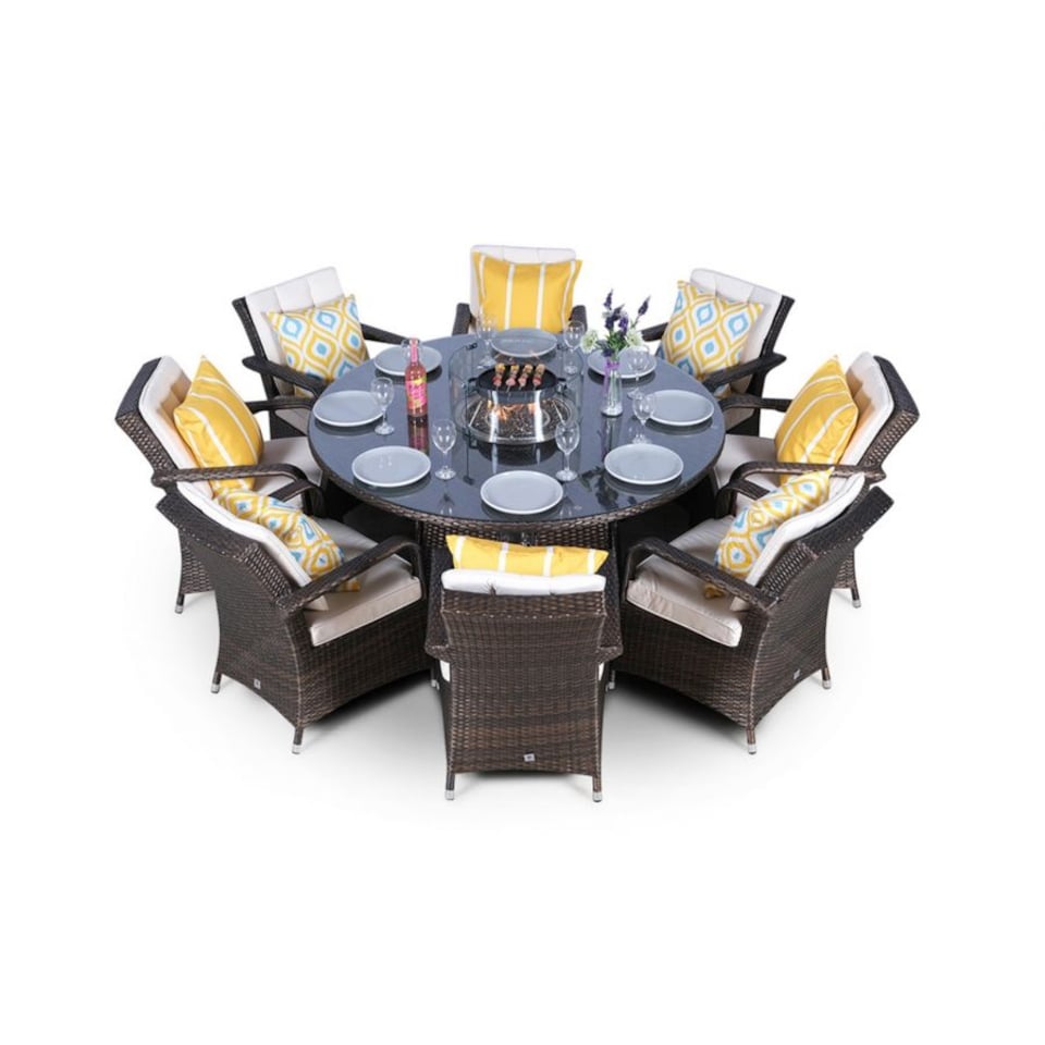 image 1 of Arizona Fire Pit 8 Seater Round Rattan Dining Set | Brown | Brown