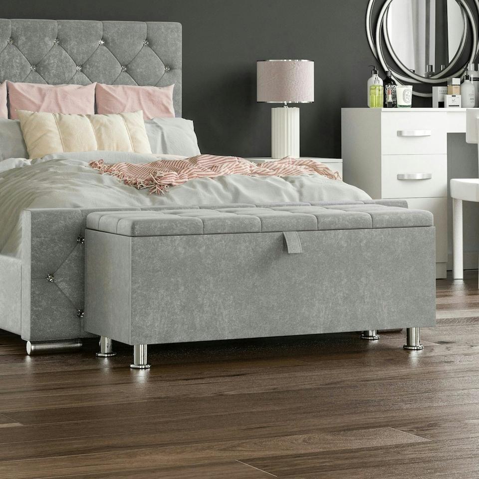 image 1 of Vida Designs Valencia Storage Ottoman Bedroom Hallway Chest Bench, Crushed Velvet Silver Silver | Crushed Velvet Silver
