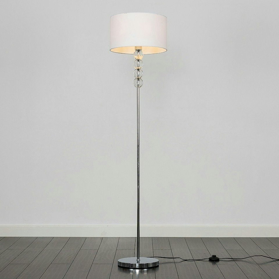image 1 of ValueLights Eleanor Silver Chrome & Clear Acrylic Ball Floor Lamp with a White Drum Shade & LED Bulb