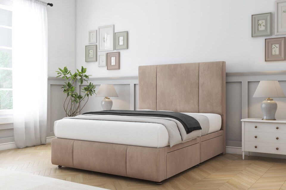 image 1 of Sloomy Lisbon Mink Naples Divan Bed Base 2 Drawers Foot-End With 26 Inch Strutted Headboard & 12 Inch Matching Footboard | Brown | Mink | Small Double | 1