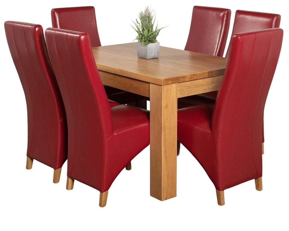 image 1 of Dakota 127 x 82cm Oak Small Dining Table and 6 Lola Leather Chairs | Red | Red