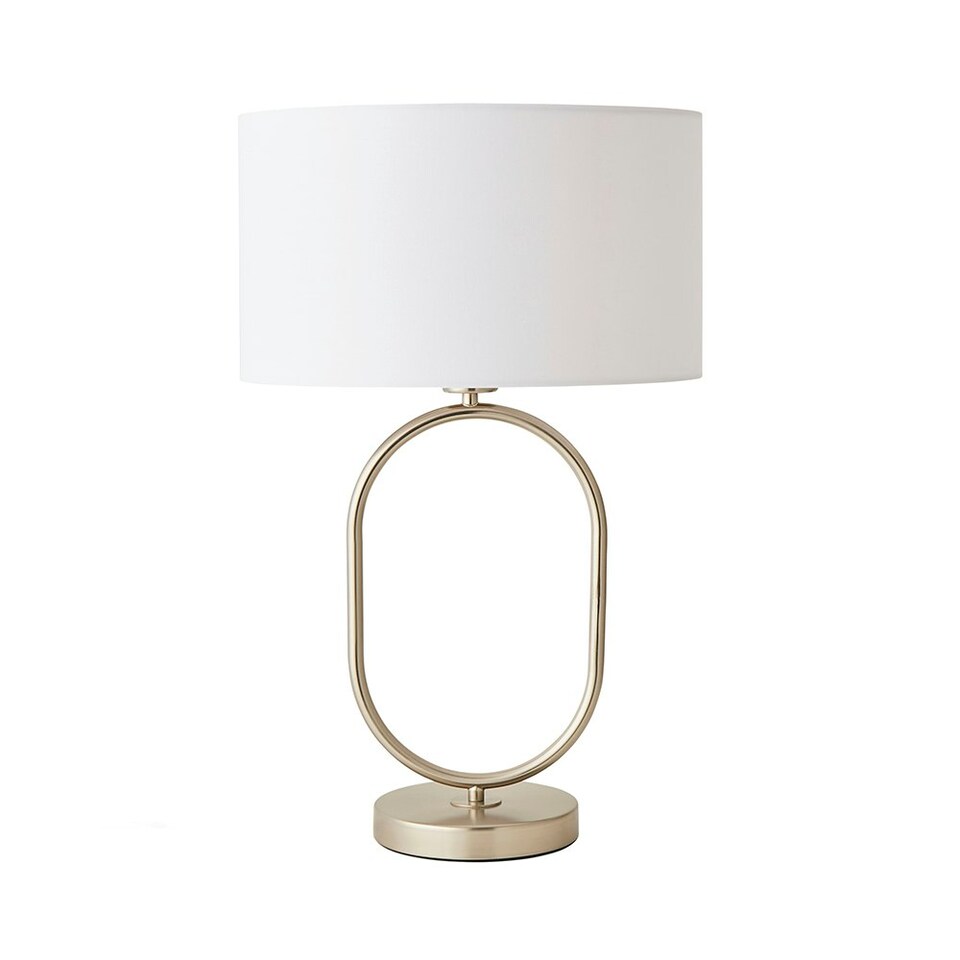 image 1 of ValueLights Antonia White Fabric Drum Lamp Shade Brushed Chrome Oval Table Lamp and LED Bulb Silver