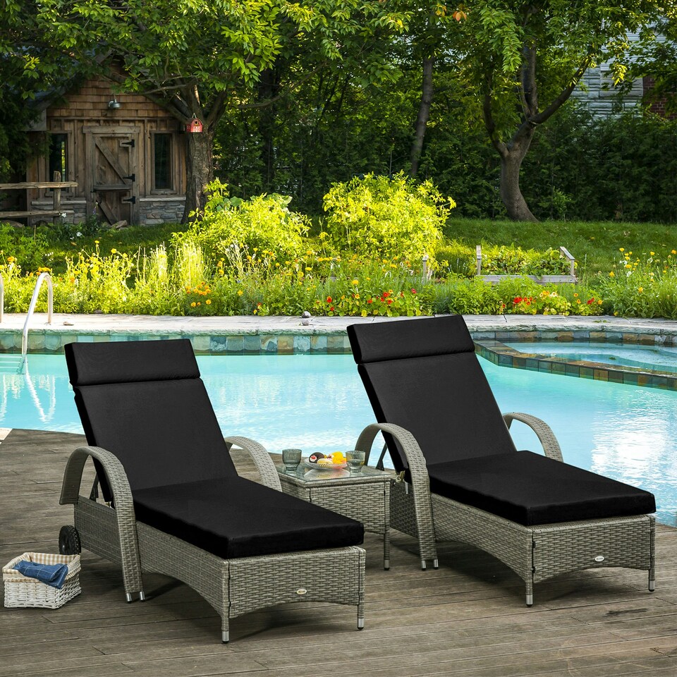 image 1 of Outsunny Set of 2 Lounger Cushions Deep Seat Patio Cushions with Ties Black