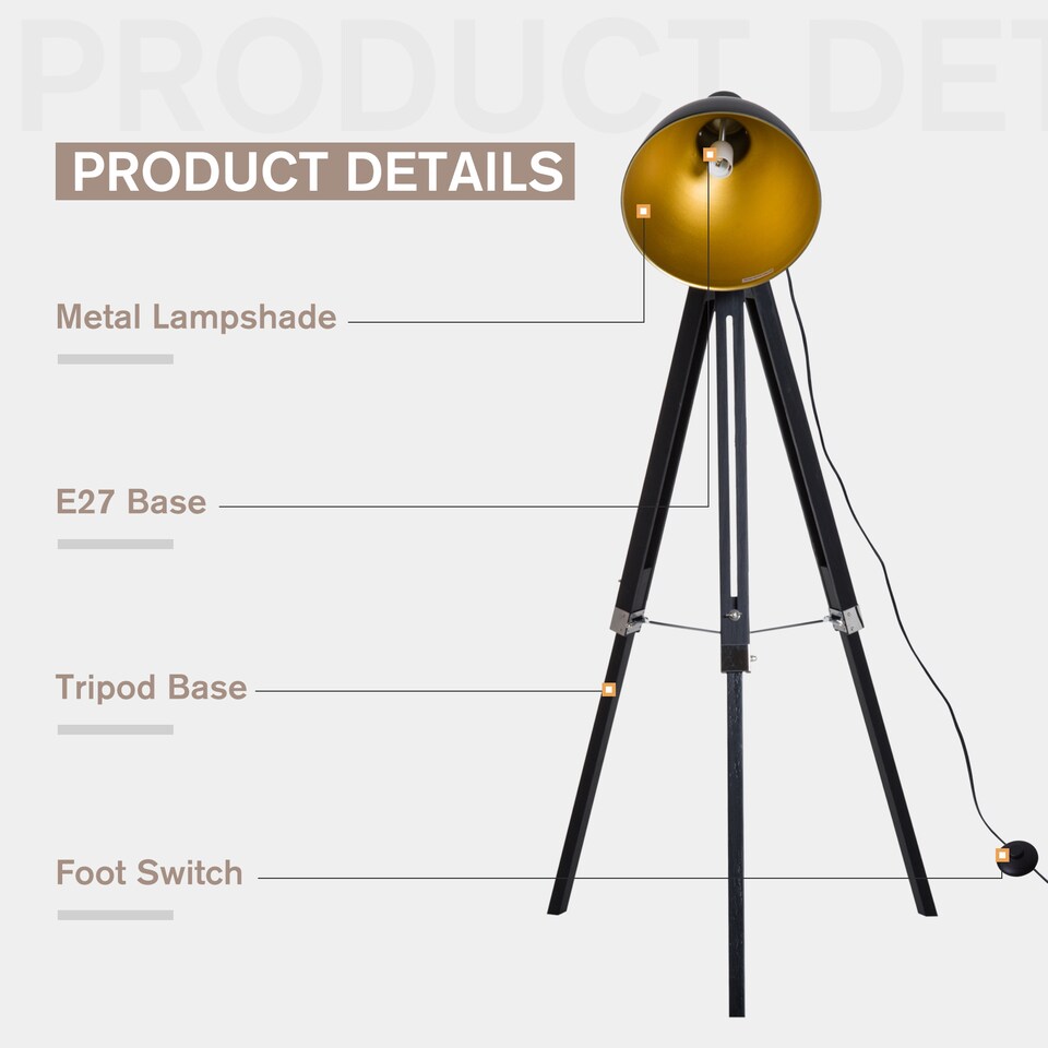 image 1 of HOMCOM Tripod Floor Lamp, Spotlight Reading Lamp w Adjustable Height, Angle, Wood Legs for Living Room, Bedroom, Home, Office, Black and Gold