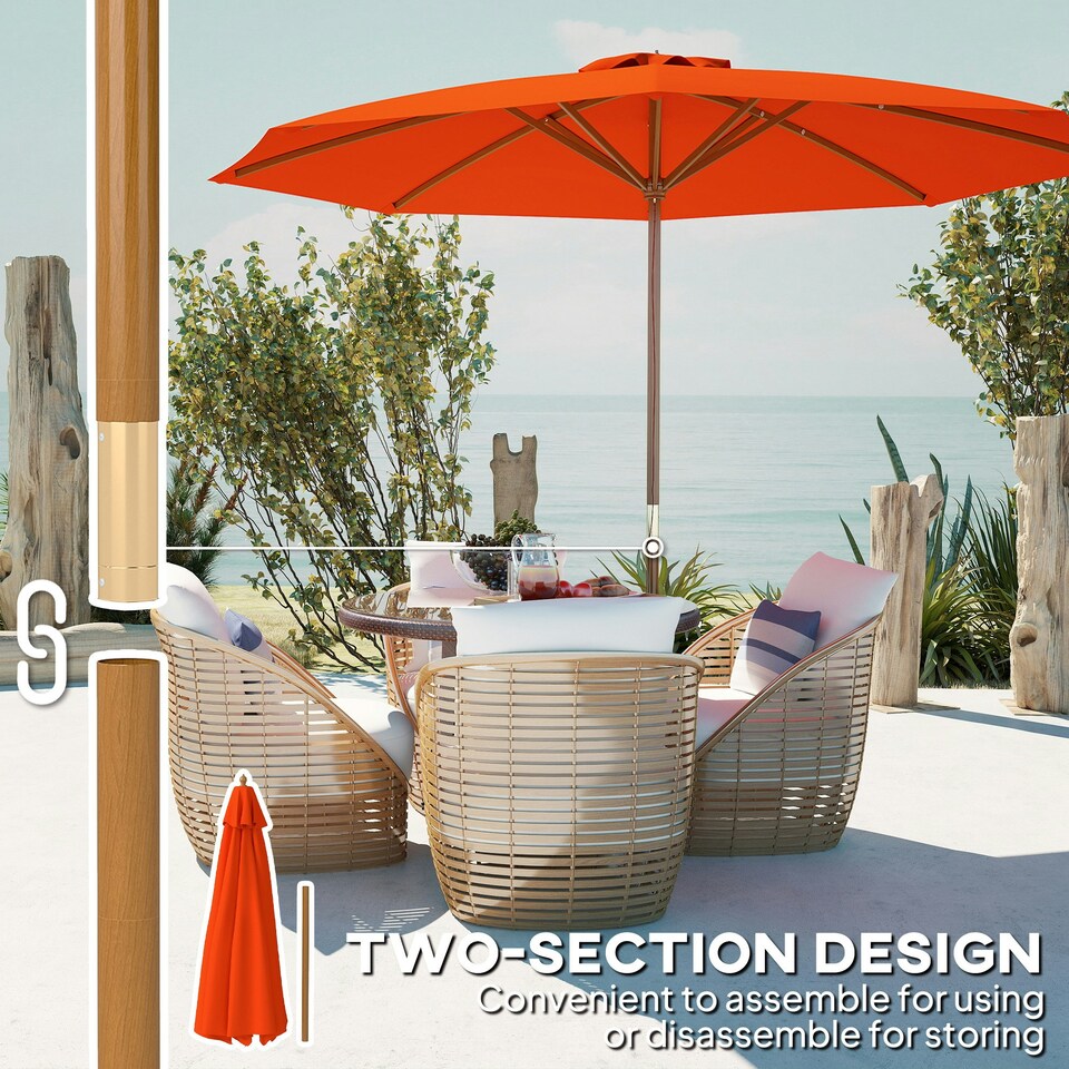 image 1 of Outsunny Wooden Garden Parasol with Rope Pulley Mechanism Orange | Orange