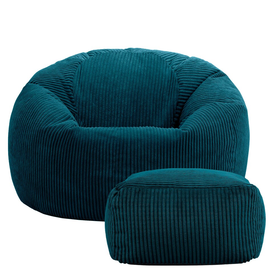 image 1 of Kingston Cord Adults Bean Bag Chair and Pouffe, Ready Filled Beanbag and Footstool Teal | Green | Teal Green | 2