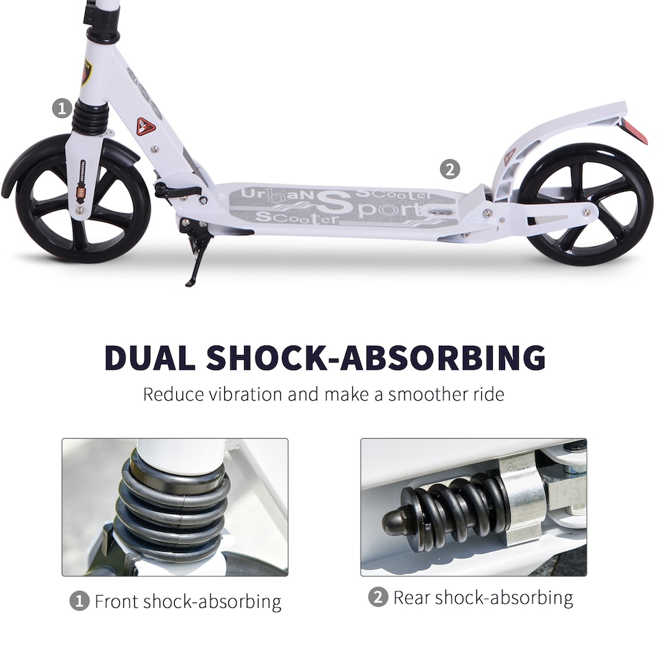 image 1 of HOMCOM Folding Kick Scooter, Adjustable Ride On Scooter with 200mm Big Wheels and Double Shock Absorption, Urban Scooter for 14 older Teens Adult, White