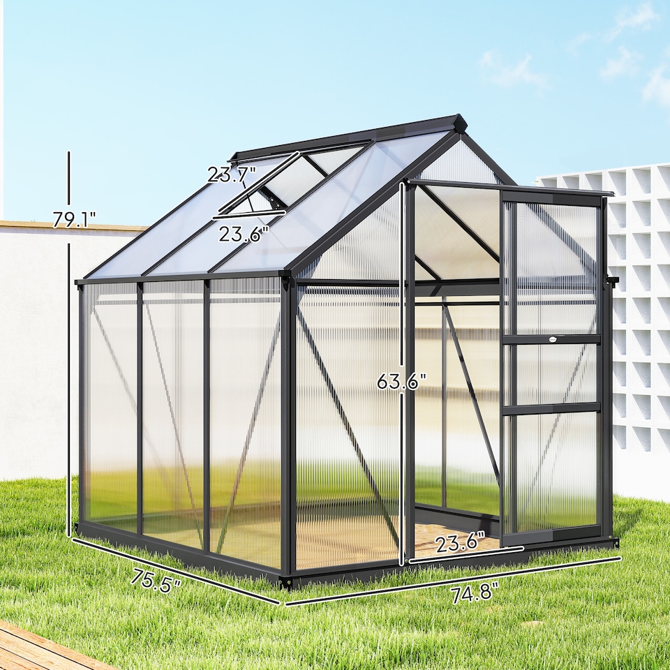 image 1 of Outsunny 6x6ft Walk-In Polycarbonate Greenhouse Plant Grow Galvanized Aluminium | Grey