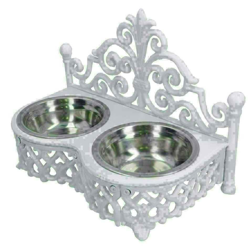 image 1 of Dog Puppy Cat Feeding Food Bowls Dishes Stainless Steel / Cast Iron White Stand White