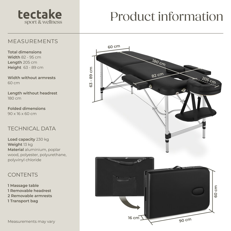 image 1 of Massage Table - 2-zone bed, aluminium frame, with carry bag, head- and armrests | Black | black | 1