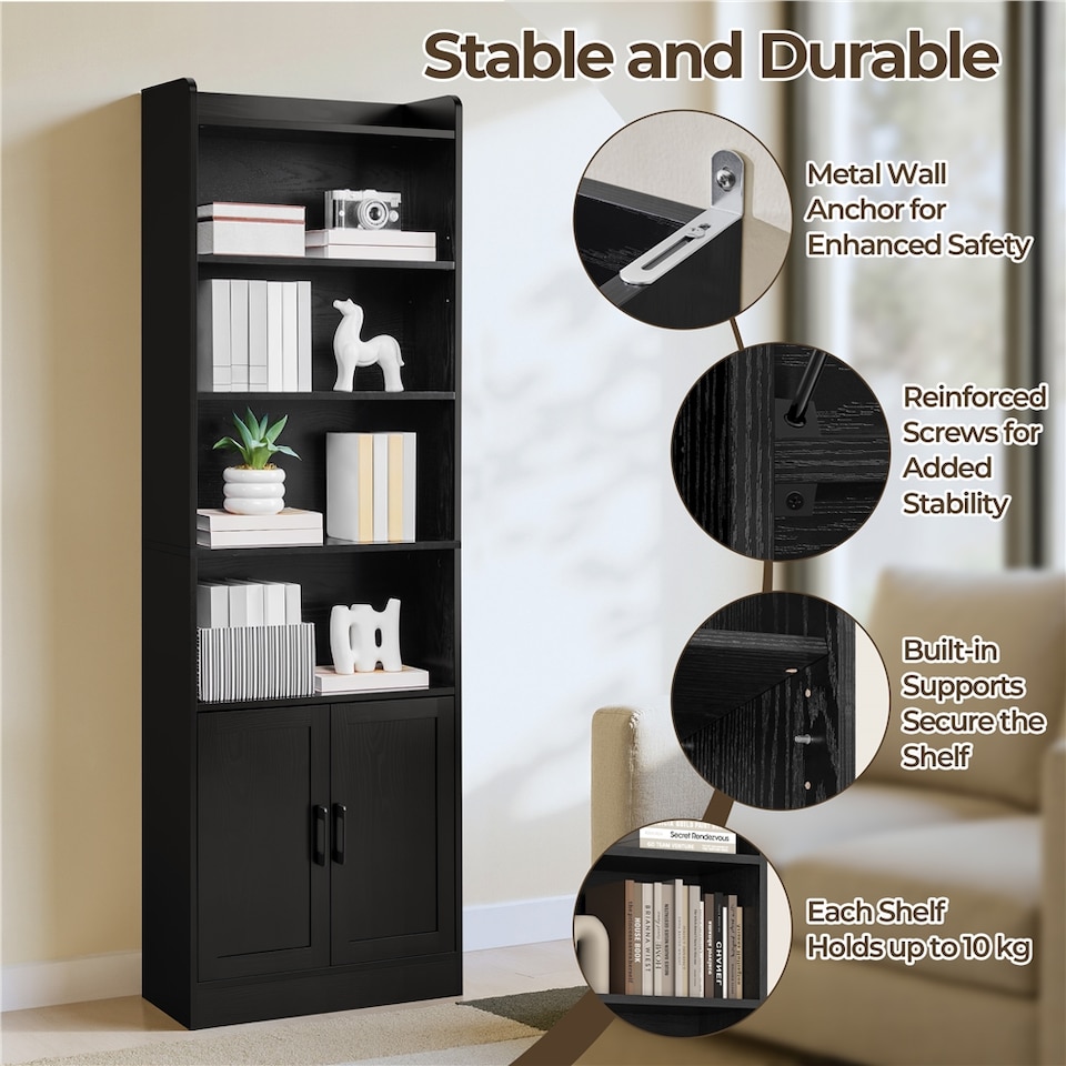 image 1 of Yaheetech 7-Tier Tall Bookcase with 2-Door Cabinet-Black