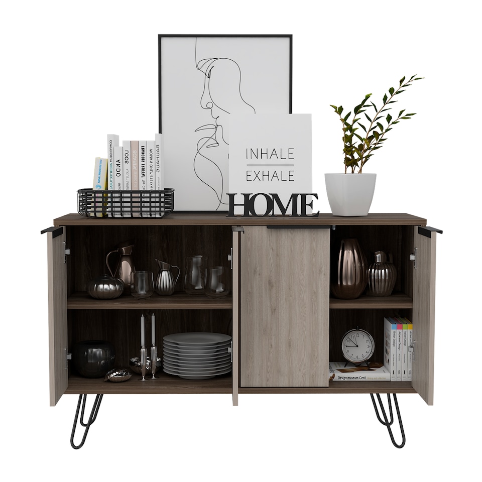 image 1 of Nevada Large Sideboard in Smoked Oak with 4 Doors - Contrasting Bleached Grey Oak and Black Hairpin Legs | Brown | Brown | One Size | 1