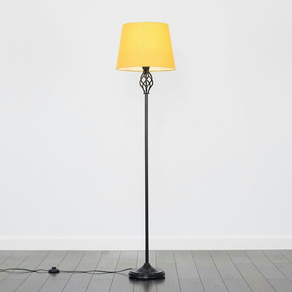 image 1 of ValueLights Memphis Matte Black Floor Lamp with Medium Yellow Tapered Shade and E27 GLS LED 10W Warm White 3000K Bulb