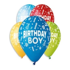 Assorted Colour Birthday Boy Fun Latex Balloons 33cm / 13 in - Pack of 6