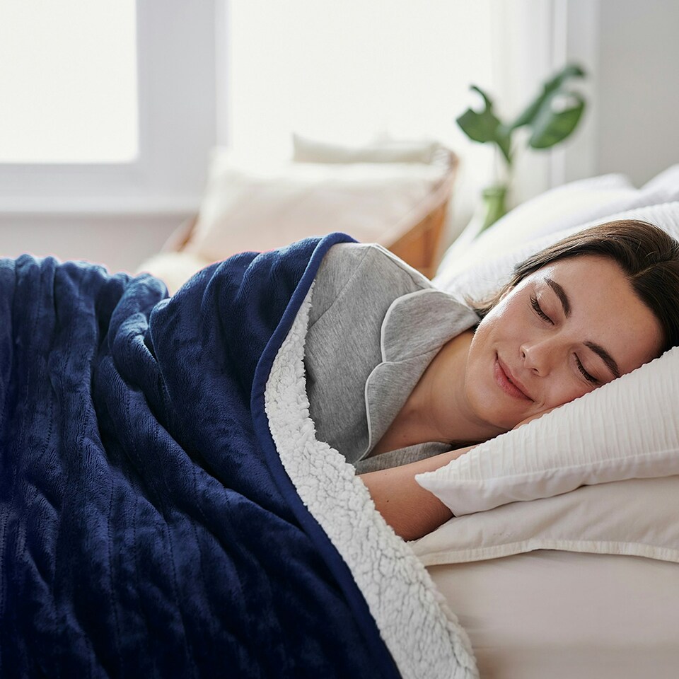 image 1 of Fleece & Sherpa Electric Heated Throw - Navy