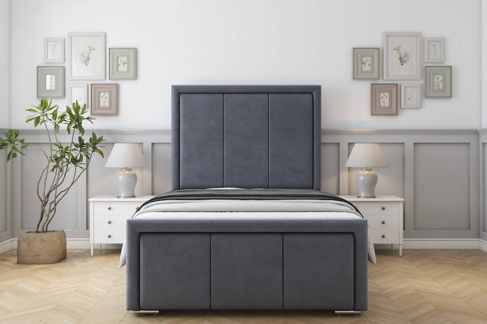 image 1 of Sloomy Lancaster Steel Plush Bed Frame With 50" Upholstered Headboard 5' King