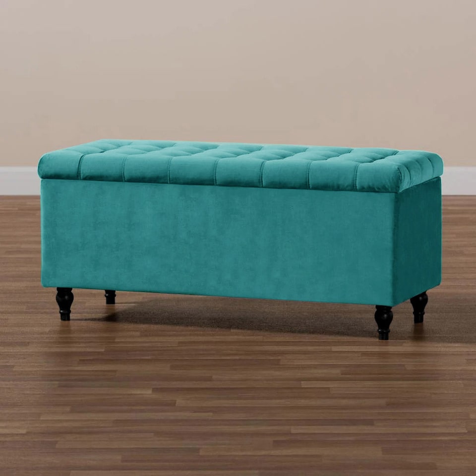 image 1 of 90cm Cubed Ottoman Storage Box,Teal Velvet Upholstered Chesterfield Storage Ottoman Box with Wooden Legs