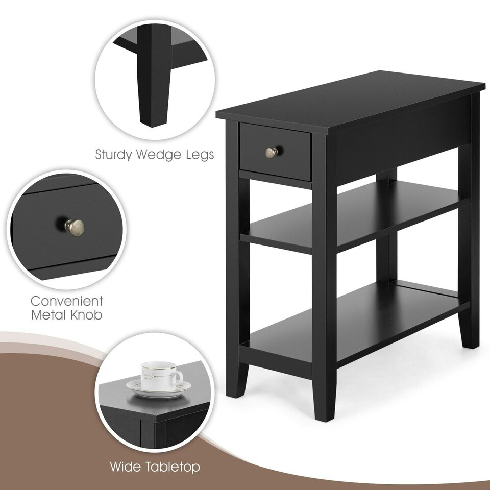 image 1 of COSTWAY 3-Tier End Table Sofa Bedside Table W/ Drawer Black