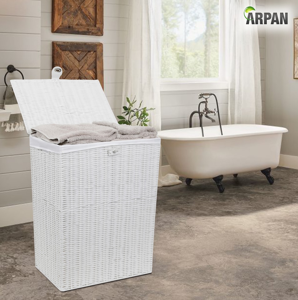 image 1 of Resin Laundry Clothes Basket with Lid, Lock & Removable Cloth Lining – Woven Storage Hamper for Laundry, Bedroom & Bathroom – Available in Medium & Large Sizes