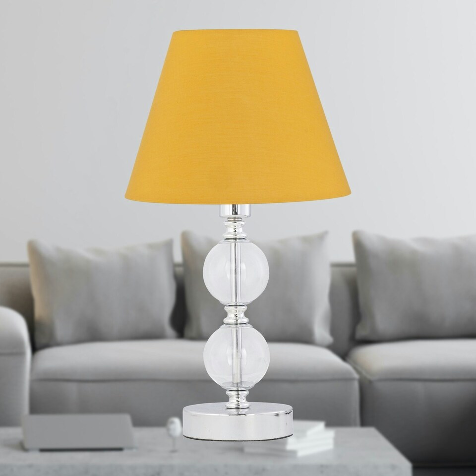 image 1 of Chrome Two Ball Table Lamp with Ochre Yellow Shade Chrome | Red
