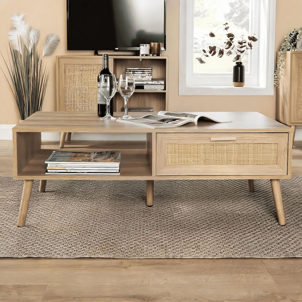 image 1 of Coffee Table Rattan Front Drawer Open Shelf Solid Wooden Legs Home Living Room